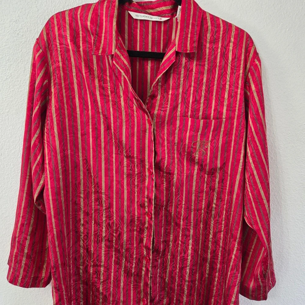 Victoria Secret Satin Jacquard Stripe‎ Sleep Shirt 3/4 Sleeve Small